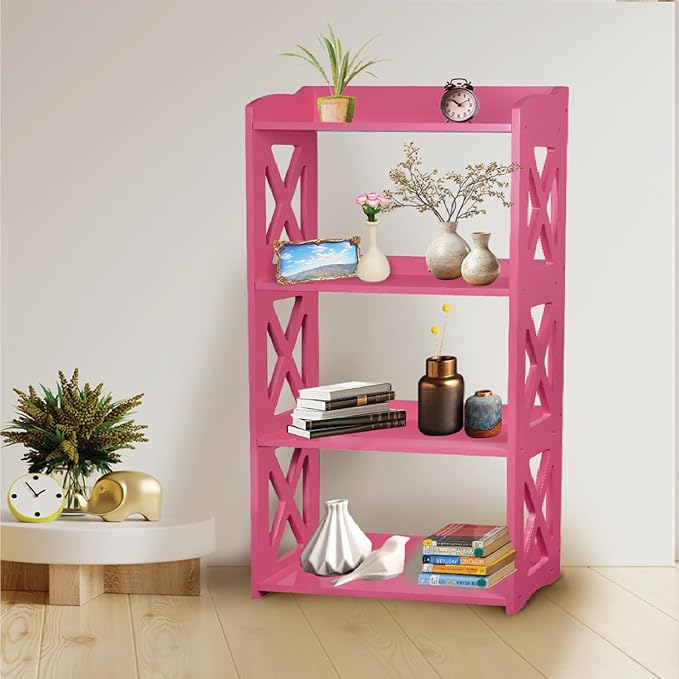 Pink Bookcase by Natural Wood, 4 Tier Bookshelf, Small Book Shelves Freestanding Display Storage Shelves. Open Bookshelf for Bedroom, Living Room and Office (Pink, 4 Tier)