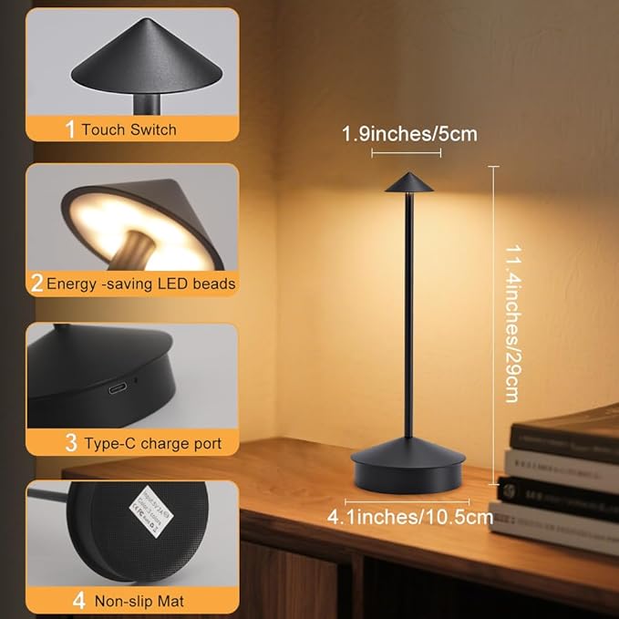 Rechargeable Cordless Table Lamp set of 2, 6000mAh Battery Operated Desk Lamps, Portable LED Touch Lamp Outdoor Camping Lamp 3 Color Stepless Dimming Lamp For Bedroom/Restaurant/Patio (Black)