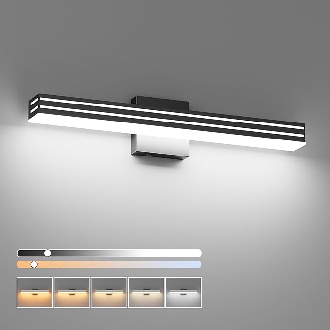Ralbay Black Vanity Light 5 Color Temperature Dimmable LED Modern Bathroom Vanity Light Bar 24inch 24W Acrylic Matte Black Bathroom Wall Lighting Fixtures Over Mirror
