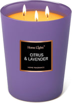 HomeLights Scented Candles - Large Jar Aromatherapy, Natural Soy Wax, 130 Hour Long Burning, Citrus & Lavender