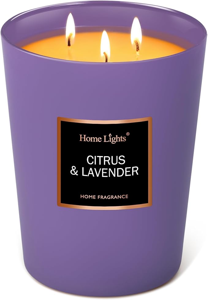HomeLights Scented Candles - Large Jar Aromatherapy, Natural Soy Wax, 130 Hour Long Burning, Citrus & Lavender