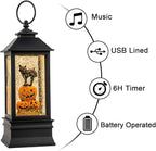 10'' Halloween Snow Globe Lantern Lighted Musical Water Lantern Spooky Pumpkin and Witch' s Black Cat Combo with Swirling Glitter, Battery Operated or USB Powered