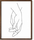 Holding Hands Wall Art Interlocking Fingers Connection Continuous Line Drawing 16x20 Inch Oak Wood Walnut Framed Modern Minimalist Unity Print for Bedroom