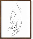 Holding Hands Wall Art Interlocking Fingers Connection Continuous Line Drawing 16x20 Inch Oak Wood Walnut Framed Modern Minimalist Unity Print for Bedroom