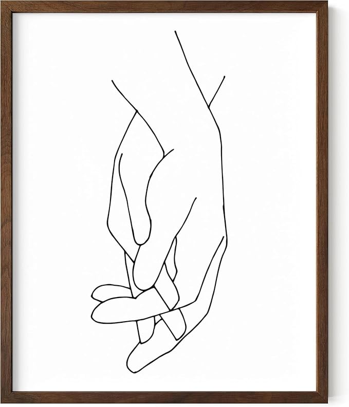 Holding Hands Wall Art Interlocking Fingers Connection Continuous Line Drawing 16x20 Inch Oak Wood Walnut Framed Modern Minimalist Unity Print for Bedroom