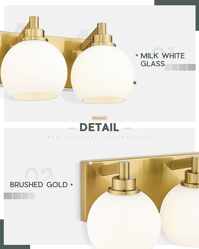 Bathroom Light Fixtures, 6-Light Brushed Gold Bathroom Vanity Lights Over Mirror with Globe Milk White Glass Shade, 38 Inch Modern Vanity Lighting Fixtures, VL195-BG-ML-6