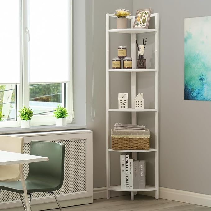 CAPHAUS 5-Tier Corner Shelf, Tall 59.1-Inch White Metal Frame Display Rack, Bookshelf Unit for Bathroom, Living Room, Home, Office