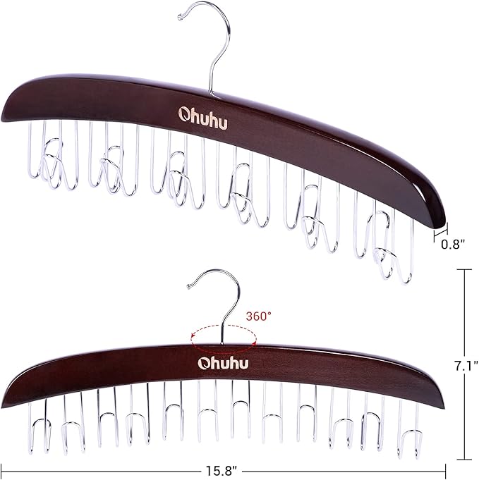 Belt Hanger Organizer for Closet: Ohuhu 2 Pack 12 Hooks Max 36 Belts Tie Rack Wooden Belt Holder for Storage 360 Degree Rotating Space Saver Organizer for Men Women Belt Tie Scarf Accessories-Walnut