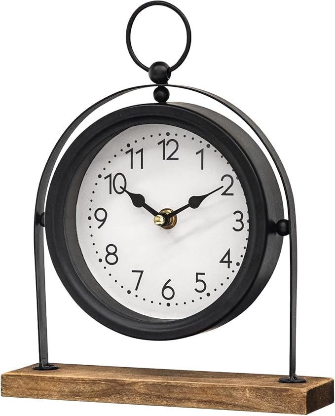 Vintage Small Table Clock, Black Metal Farmhouse Table Clock with Wooden Base, Silent Non-Ticking Battery Operated Desk and Shelf Clocks for Living Room, Kitchen, Bedroom Decor