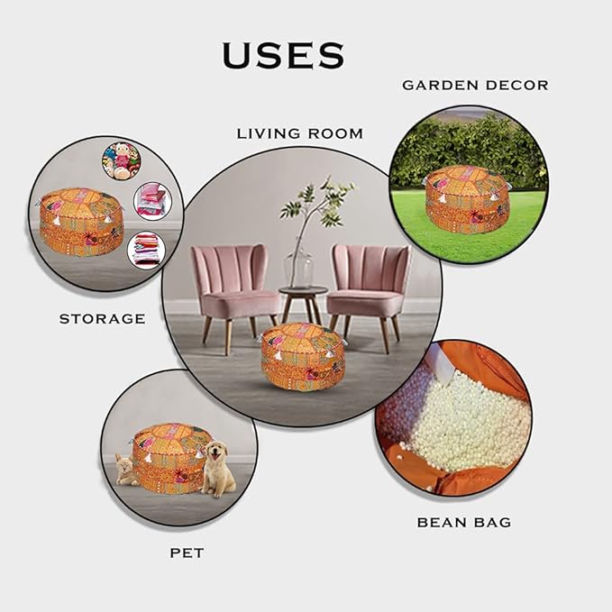 Aakriti Gallery Indian Pouf Footstool Ethnic Embroidered Pouf Cover, Indian Cotton Round Pouffe Ottoman Pouf Cover Pillow Ethnic Decor Art - Cover Only (Orange, 22x14)
