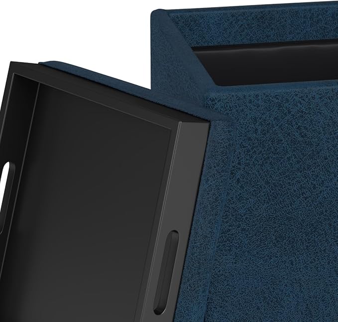 SIMPLIHOME Rockwood Cube Storage Ottoman with Tray - 17 inch Wide Upholstered Vegan Leather Square Storage Ottoman in Distressed Dark Blue, Contemporary Cube Ottoman for Living Room with Serving Tray