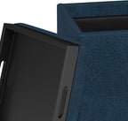 SIMPLIHOME Rockwood Cube Storage Ottoman with Tray - 17 inch Wide Upholstered Vegan Leather Square Storage Ottoman in Distressed Dark Blue, Contemporary Cube Ottoman for Living Room with Serving Tray