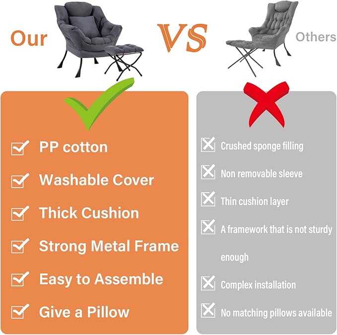 Lazy Chair with Ottoman, Large Lounge Accent Chair with Ottoman and a Throw Pillow, Dark Grey Reading Chair for Living Room Bedroom Dorm Room Office Apartment Relaxing Use
