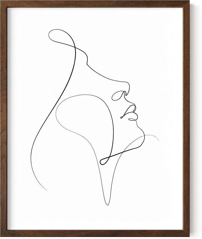 Minimalist Woman Profile Wall Art Upward Gaze Continuous Line Drawing Feminine Face 11x14 Inch Oak Wood Walnut Framed Modern Aesthetic Print for Living Room