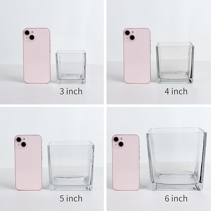 Set of 6 Square Glass Vases 5" x5" x 5", Clear Flower Vases for Centerpieces, Candle Holder for Wedding Party Events, Home Décor