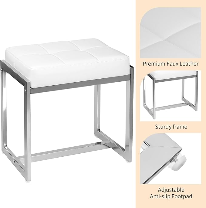 Vanity Stool, Vanity Chair Stools for Makeup Room, Faux Leather Small Makeup Bench, Modern Silver Metal Legs Ottoman Foot Rest for Bedroom Living Room, White & Silver