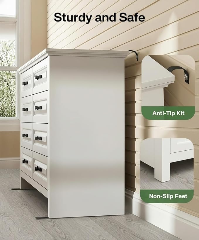 Marsail Farmhouse 8 Drawer Dresser, Wood Chest of Drawers with Natural Texture, Smooth Gliding Drawers, Versatile Storage Organizer Cabinet for Bedroom & Living Room, White