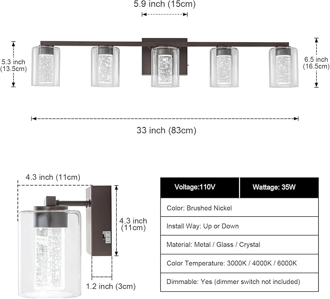 SineRise 5-Light Bronze Vanity Light with 3 Color Modes (3000K/4000K/6000K), Eye Protection LED Bathroom Light Fixture, Dimmable Modern Wall Light Over Mirror with Clear Glass Shade