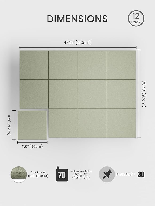 Bumusty Large Cork Board 48" x 36" Alternative - 12 Pack Felt Wall Tiles with 70 Safe Removable Adhesive Tabs, 30 Pushpins, Cork Boards for Walls Pin Board Bulletin Board Office Decor (Sage)