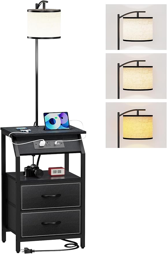 End Table with Floor Lamp, Nightstand with Charging Station, Floor Lamp Table with 3-Color Temperature Bulb, Bedside Table Night Stand with 2 Drawers for Bedroom, Living Room, Black