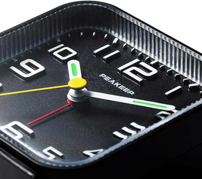 Peakeep 3D Numbers No Tick-Tock Analog Alarm Clock with Classic Beep Sound, Snooze, Manual Light and Battery Powered Small for Travel (Black-3D)