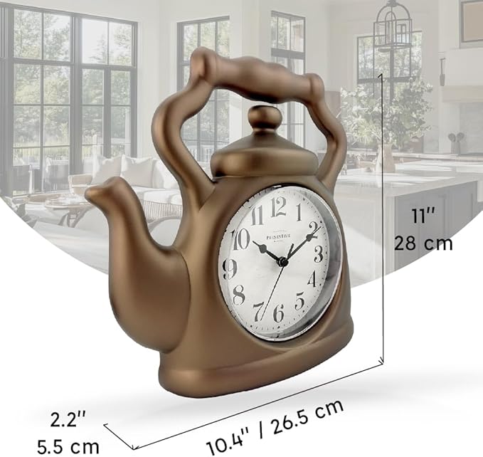 Presentime & Co. 11" Teapot Clock, Silent Non Ticking, Modern Farmhouse Style, Wall & Mantel 2 in 1 Desk & Shelf Clock, Bronze Finish for Wall, Home, and Tabletop Decor, Bronze Finish