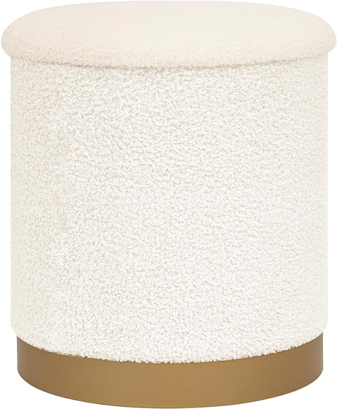 Round Storage Ottoman with Reversible Tray Top, 16.3" Boucle Ottoman Footrest Stool with Metal Base, Upholstered Vanity Stool with Storage for Living Room Bedroom, White