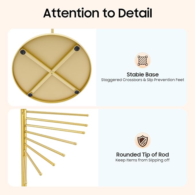 DYRABREST 67" Freestanding Scarf Organizer, Metal Spiral Scarf Holder with 30 Rods, Commercial Hijab Organizer Belt Pants Hanger for Clothing Store Home, Space Saving Shelves (Gold)