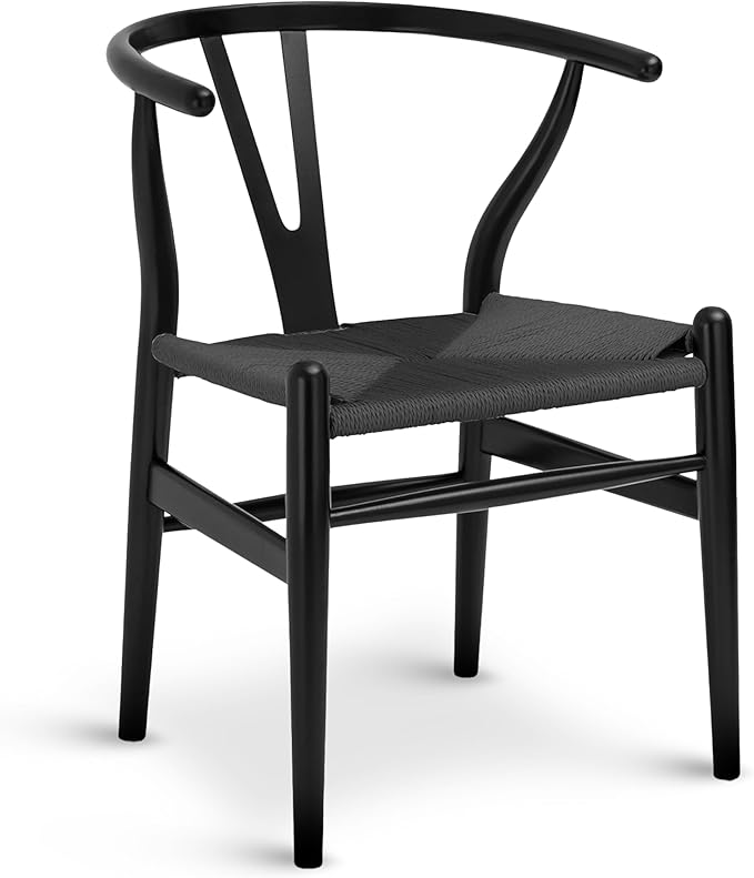 Poly & Bark Weave Dining Chairs – Mid-Century Modern Wishbone Dining Chairs with Arms, Solid Wood Frame, Indoor Use – Pitch Black – Single - Ideal for Dining Room, Kitchen or Stylish Accent Setting