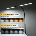 LED Desk Lamp with Two Heads, Clamp On Desk Lamps, 24W, 4000 LMS, CRI>90, 5 Color Modes (2600K-6500K), 10 Brightness Levels, Adapter Included