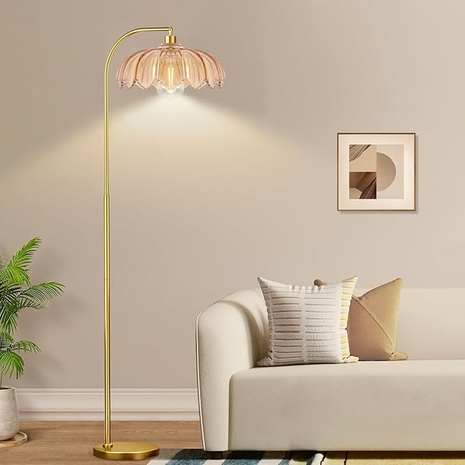 Gold Floor Lamp Dimmable Standing Lamp with Remote,Brass Tall Lamp Mid Century Modern Retro Glass Vintage Green Lamp Floor Light Boho Bohemian for Living Room,Bedroom
