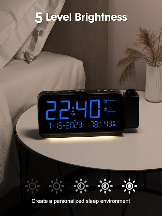 ROCAM Projection Alarm Clock for Bedroom Ceiling, Digital Clock with 180° Projector with 5-Level Dimmer, Dual Loud Alarm with Weekend/Weekday Mode, Date, Temp, Humidity, Night Light, DST, Snooze