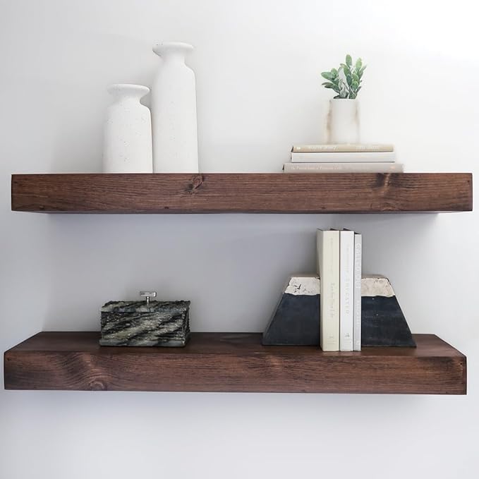 Urbandi Modern Floating Shelves 3 Inches Thick for Wall, Wide Shelves for Kitchen, Living Room, Bedroom, and Bathroom, Natural Pine Wood, Rustic Wooden Shelf, (Set of 2) (Provincial, 60Lx3Hx6D)