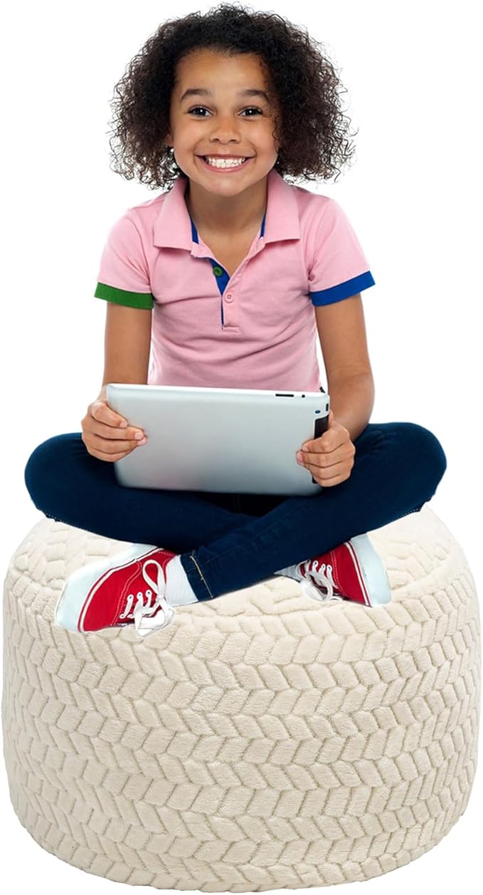 Ottoman Pouf Unstuffed Round Foot Rest Poof Ottoman No Filler Floor Foot Stool with Storage for Living Room Bedroom Ivory Pouf Cover Without Filler