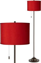 Possini Euro Design Modern Club Floor Lamp Slim Profile 62" Tall Tiger Bronze Red Textured Faux Silk Fabric Drum Shade Standing Light Decor for Living Room Reading House Bedroom Home