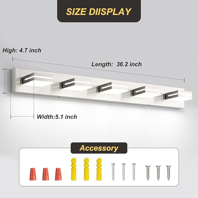 OKELI 5 Lights Bathroom Vanity Light Fixtures Brushed Nickel LED Dimmable Vanity Light Over Mirror Modern Wall Mounted Lighting Fixture, 350° Rotatable Lamp Head 36W Cold White 6000K ETL Listed