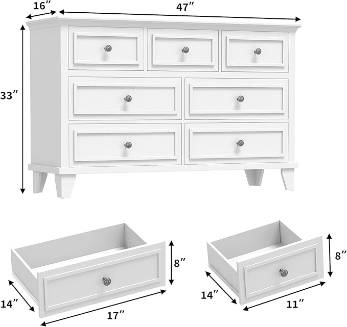 GarveeHome White Dresser for Bedroom, 7 Drawer Dresser, Wooden Chest of Drawers with Deep Drawers, 47 in Long Dressers TV Stand, Modern Dressers Organizer with Vintage Handle for Living Room, Hallway