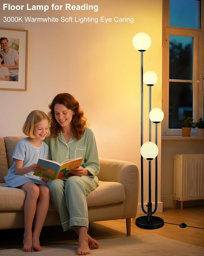 Lightdot Black Globe Floor Lamp 4-Lights Dimmable Floor Lamps with Tray 3000K Bulbs Included Unique Candle Mid Century Tall Standing Lamp for Living Room/Bedroom/Sofa Beside/Corner Decor