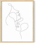 Minimalist Face to Face Wall Art Two Portraits Continuous Line Drawing 11x14 Inch Oak Wood Beige Framed Modern Aesthetic Profile Print for Bedroom Decor