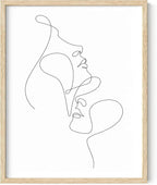 Minimalist Face to Face Wall Art Two Portraits Continuous Line Drawing 11x14 Inch Oak Wood Beige Framed Modern Aesthetic Profile Print for Bedroom Decor
