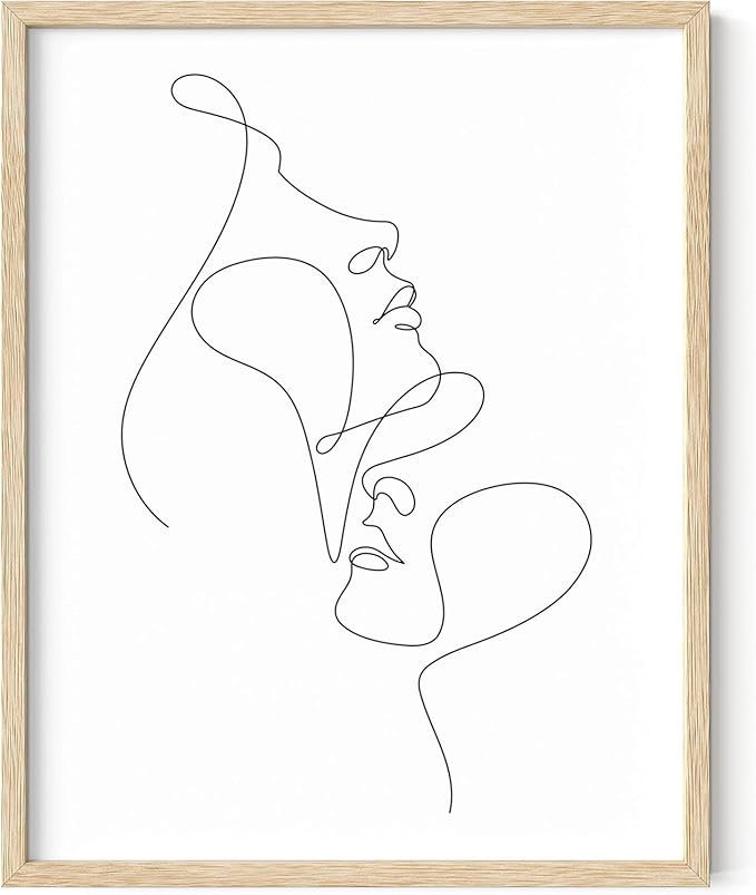 Minimalist Face to Face Wall Art Two Portraits Continuous Line Drawing 11x14 Inch Oak Wood Beige Framed Modern Aesthetic Profile Print for Bedroom Decor
