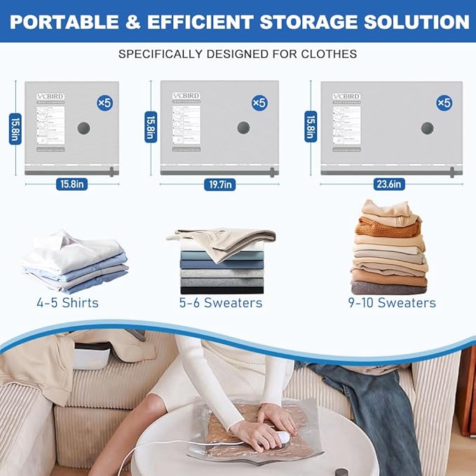 Vacuum Storage Bags Set with USB Pump, 15 Pack Carry-on Size Vacuum Bags for Travel, Space Saver Packing for Clothes and Clothing Travel