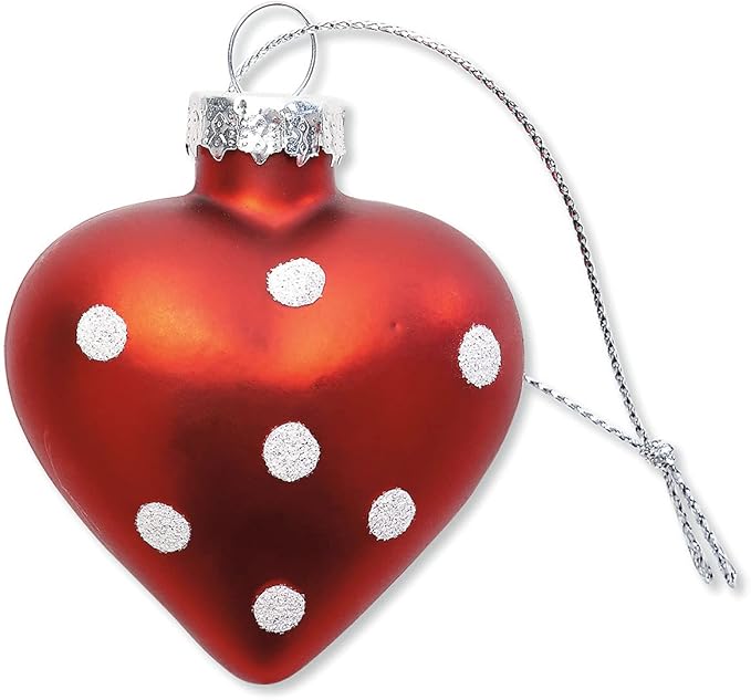 Lillian Vernon Dot Heart Valentines Ornaments - 12-Piece Set, Blown Glass, Handcrafted Hanging Tree Decorations, Valentine’s Day Holiday & Party Decor, 2.5 in