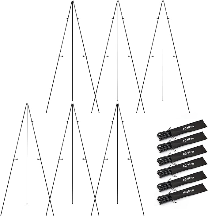 Nicpro Art Folding Easels for Display, 6 Pack 63 Inches Metal Floor Easel Stand Bulk Tripod Black Collapsible for Sign Artist Poster Wedding | with Carry Bag