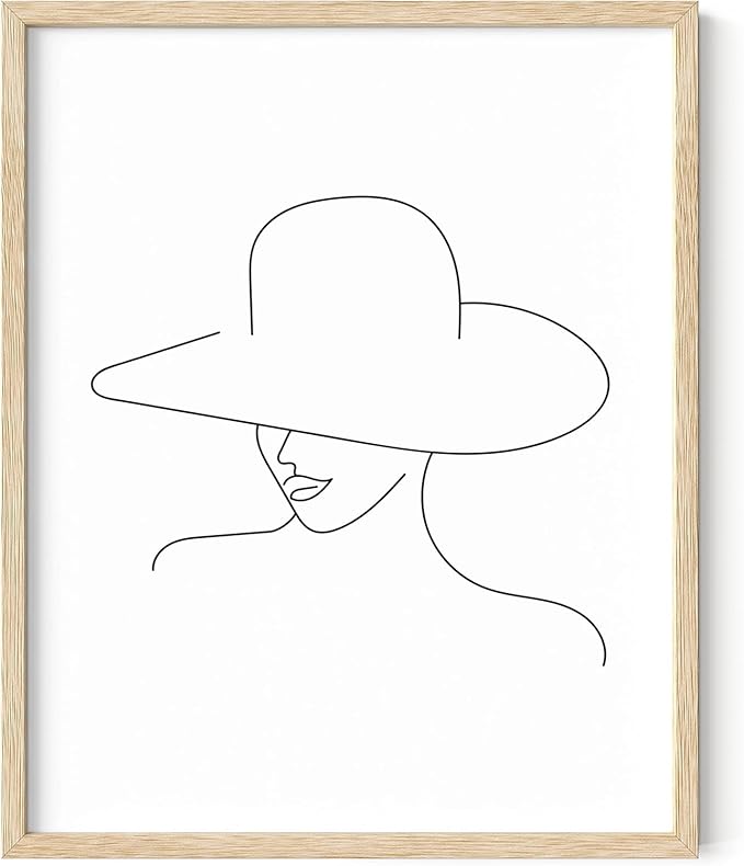 Elegant Woman in Hat Wall Art Minimalist Feminine Profile Continuous Line Drawing 8x10 Inch Oak Wood Beige Framed Chic Fashion Print for Vanity Bedroom
