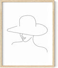 Elegant Woman in Hat Wall Art Minimalist Feminine Profile Continuous Line Drawing 8x10 Inch Oak Wood Beige Framed Chic Fashion Print for Vanity Bedroom