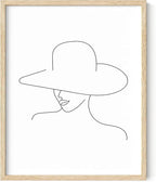 Elegant Woman in Hat Wall Art Minimalist Feminine Profile Continuous Line Drawing 8x10 Inch Oak Wood Beige Framed Chic Fashion Print for Vanity Bedroom