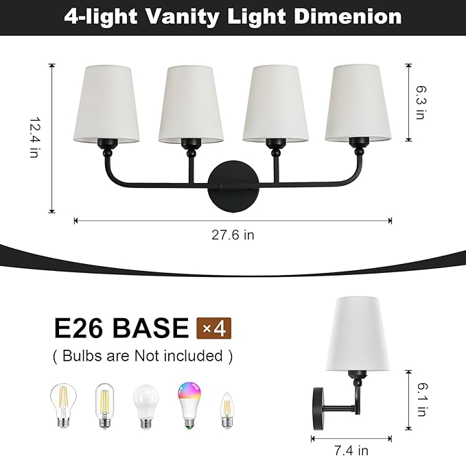 Kvhilw Bathroom Vanity Light, Matte Black Bathroom Light Fixtures, 4-Light Lighting Fixtures Over Miror, Modern Wall Sconce with Flared White Fabric Shade, E26 Socket(ETL Listed)