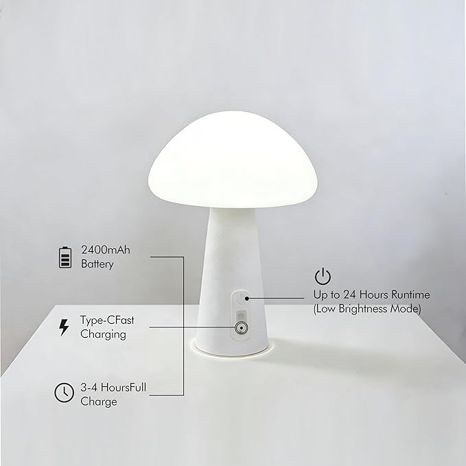 Rechargeable Touch Mushroom Table Lamp – Cordless RGB Lamp for Bedroom, Nightstand, Side Table – 3 Color Temperatures + RGB + Dimming + Type-C Charging