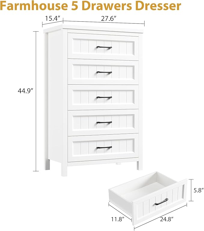 5 Drawer Dresser for Bedroom - Farmhouse 44.9" Tall Chest of Dresser with Large Storage, Rubst Wood Construction for Living Room, Hallway & Entryway - White